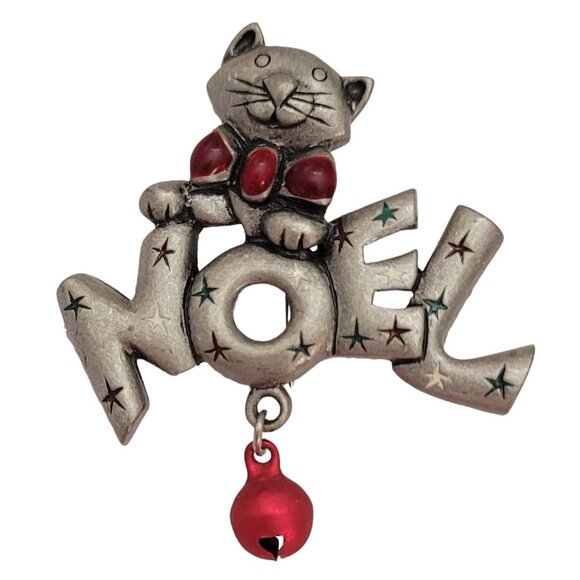 Attwood & Sawyer Vintage Cat Noel Red Jingle Bell Dangle Brooch Pin, Signed E871 - Picture 1 of 7